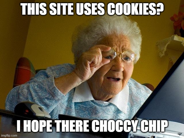 GRANDMA DAYS... | THIS SITE USES COOKIES? I HOPE THERE CHOCCY CHIP | image tagged in memes,grandma finds the internet | made w/ Imgflip meme maker