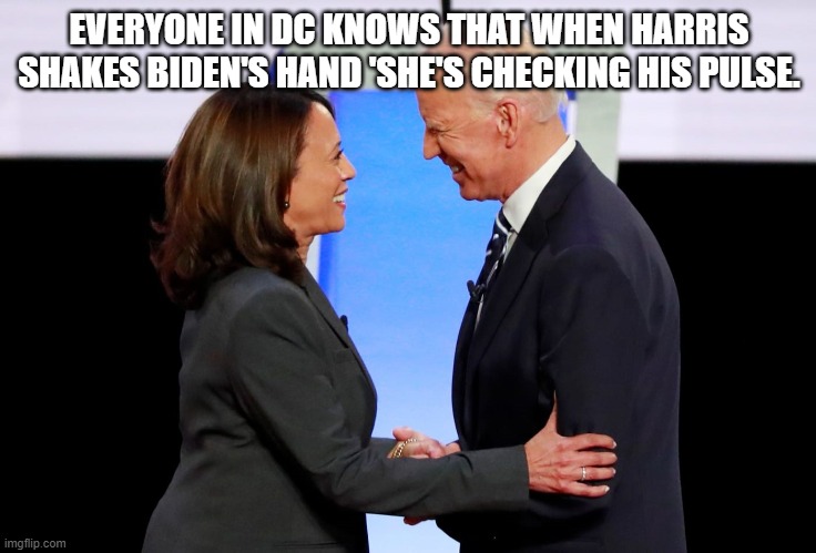 Everyone knows this . . . except for the average liberal. | EVERYONE IN DC KNOWS THAT WHEN HARRIS SHAKES BIDEN'S HAND 'SHE'S CHECKING HIS PULSE. | image tagged in harris biden | made w/ Imgflip meme maker