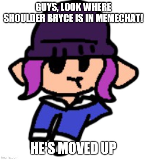 Shoulder bryce | GUYS, LOOK WHERE SHOULDER BRYCE IS IN MEMECHAT! HE'S MOVED UP | image tagged in shoulder bryce | made w/ Imgflip meme maker