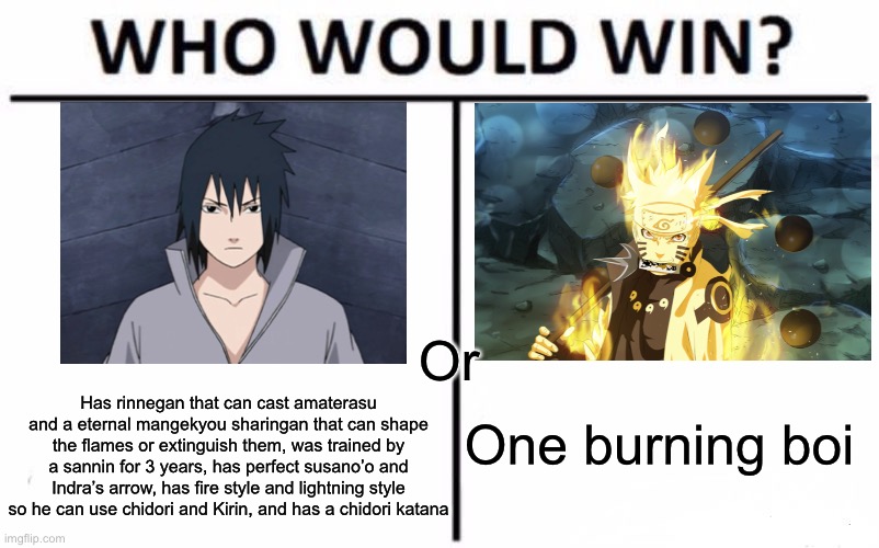 Who Would Win? | Or; Has rinnegan that can cast amaterasu and a eternal mangekyou sharingan that can shape the flames or extinguish them, was trained by a sannin for 3 years, has perfect susano’o and Indra’s arrow, has fire style and lightning style so he can use chidori and Kirin, and has a chidori katana; One burning boi | image tagged in memes,who would win | made w/ Imgflip meme maker