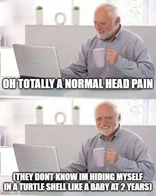 reugfwlofheuqgbo | OH TOTALLY A NORMAL HEAD PAIN; (THEY DONT KNOW IM HIDING MYSELF IN A TURTLE SHELL LIKE A BABY AT 2 YEARS) | image tagged in memes,hide the pain harold | made w/ Imgflip meme maker