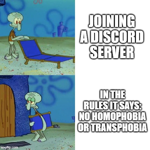 Squidward chair | JOINING A DISCORD SERVER; IN THE RULES IT SAYS: NO HOMOPHOBIA OR TRANSPHOBIA | image tagged in squidward chair,homophobic,homophobia,homophobe,transphobic,discord | made w/ Imgflip meme maker