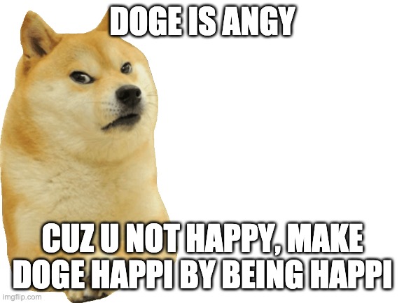 Blank White Template | DOGE IS ANGY; CUZ U NOT HAPPY, MAKE DOGE HAPPI BY BEING HAPPI | image tagged in blank white template | made w/ Imgflip meme maker