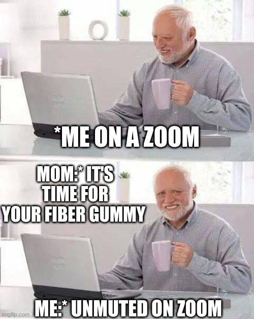 Hide the Pain Harold | *ME ON A ZOOM; MOM:* IT'S TIME FOR YOUR FIBER GUMMY; ME:* UNMUTED ON ZOOM | image tagged in memes,hide the pain harold | made w/ Imgflip meme maker
