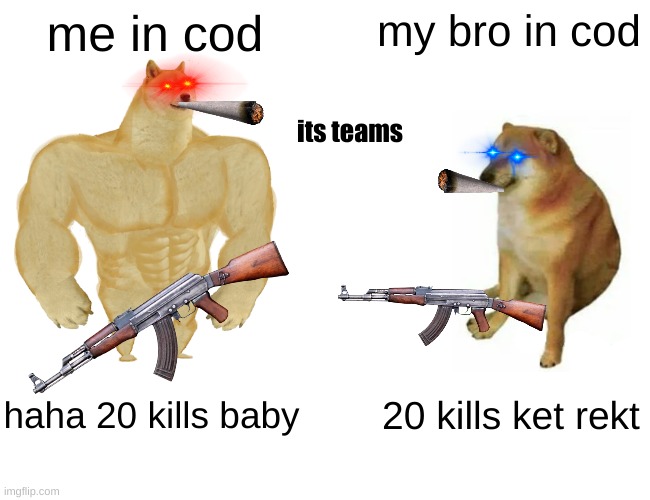 cod be like | me in cod; my bro in cod; its teams; haha 20 kills baby; 20 kills ket rekt | image tagged in memes,buff doge vs cheems | made w/ Imgflip meme maker