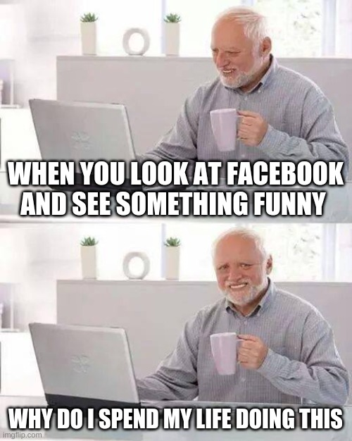 Hide the Pain Harold | WHEN YOU LOOK AT FACEBOOK AND SEE SOMETHING FUNNY; WHY DO I SPEND MY LIFE DOING THIS | image tagged in memes,hide the pain harold | made w/ Imgflip meme maker