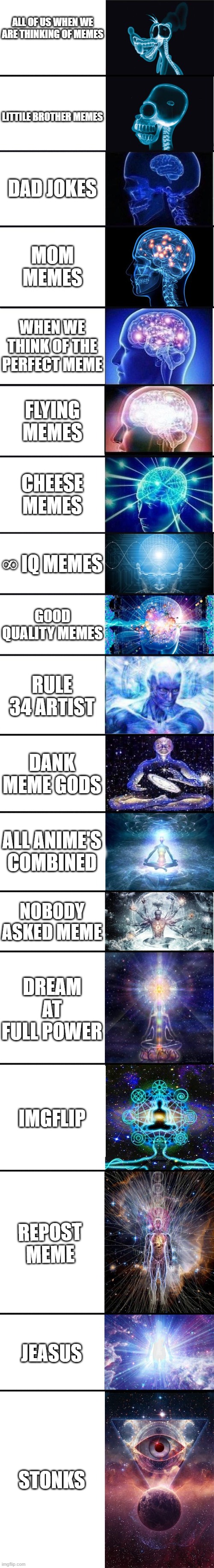 when a meme god is board this happens | ALL OF US WHEN WE ARE THINKING OF MEMES; LITTILE BROTHER MEMES; DAD JOKES; MOM MEMES; WHEN WE THINK OF THE PERFECT MEME; FLYING MEMES; CHEESE MEMES; ∞ IQ MEMES; GOOD QUALITY MEMES; RULE 34 ARTIST; DANK MEME GODS; ALL ANIME'S COMBINED; NOBODY ASKED MEME; DREAM AT FULL POWER; IMGFLIP; REPOST MEME; JEASUS; STONKS | image tagged in expanding brain 9001 | made w/ Imgflip meme maker