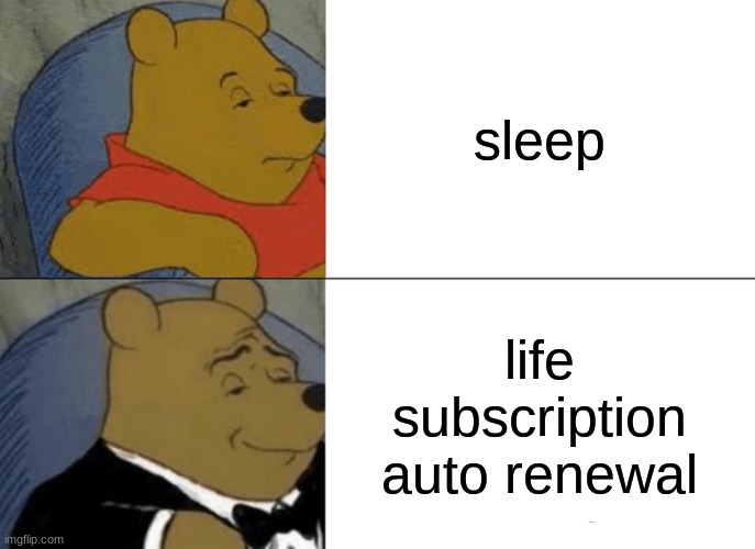 tuxedo winnie the pooh | sleep; life subscription auto renewal | image tagged in memes,tuxedo winnie the pooh | made w/ Imgflip meme maker