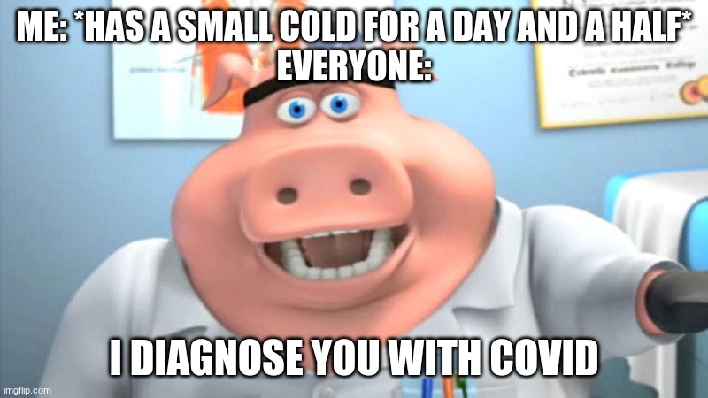 I Diagnose You With Dead | ME: *HAS A SMALL COLD FOR A DAY AND A HALF*
EVERYONE:; I DIAGNOSE YOU WITH COVID | image tagged in i diagnose you with dead | made w/ Imgflip meme maker