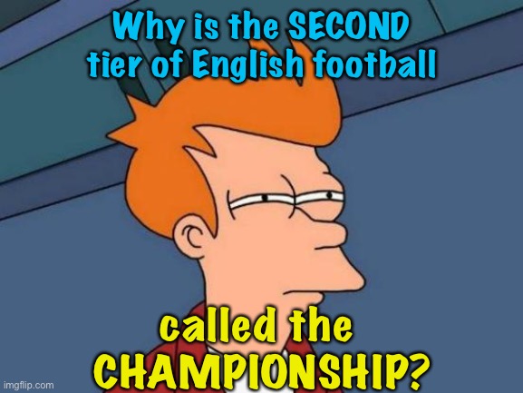 Americans are mystified, assuming they care at all | Why is the SECOND tier of English football; called the 
CHAMPIONSHIP? | image tagged in memes,futurama fry | made w/ Imgflip meme maker