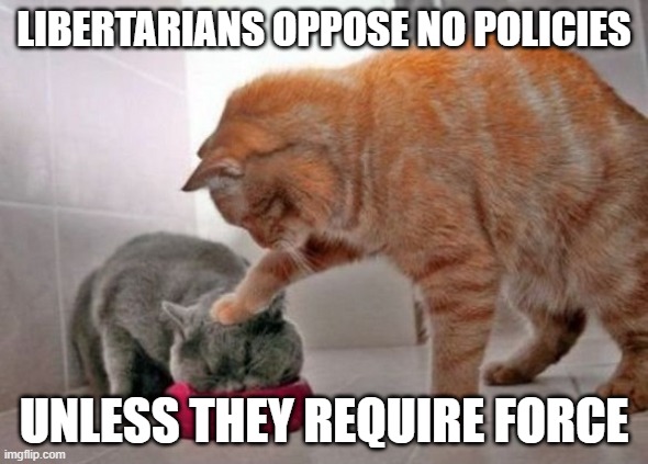 Force feed cat | LIBERTARIANS OPPOSE NO POLICIES; UNLESS THEY REQUIRE FORCE | image tagged in force feed cat,libertarian | made w/ Imgflip meme maker