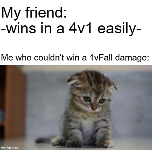  My friend: -wins in a 4v1 easily-; Me who couldn't win a 1vFall damage: | image tagged in blank white template,sad kitten | made w/ Imgflip meme maker