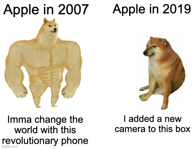 Apple be like |  Apple in 2007; Apple in 2019; Imma change the world with this revolutionary phone; I added a new camera to this box | image tagged in memes,buff doge vs cheems | made w/ Imgflip meme maker