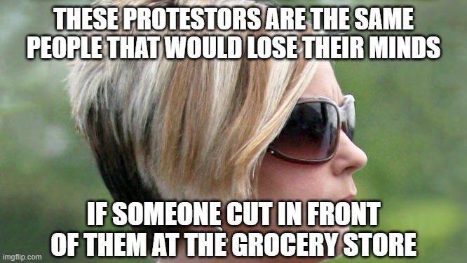 Karen | THESE PROTESTORS ARE THE SAME PEOPLE THAT WOULD LOSE THEIR MINDS IF SOMEONE CUT IN FRONT OF THEM AT THE GROCERY STORE | image tagged in karen | made w/ Imgflip meme maker