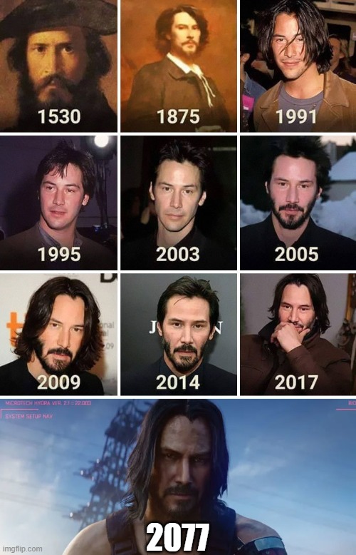 I needed to add the 2077 image | 2077 | image tagged in keanu,time travel | made w/ Imgflip meme maker