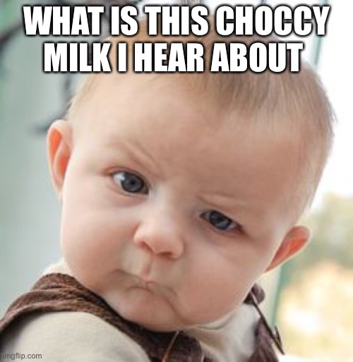 Skeptical Baby |  WHAT IS THIS CHOCCY MILK I HEAR ABOUT | image tagged in memes,skeptical baby | made w/ Imgflip meme maker