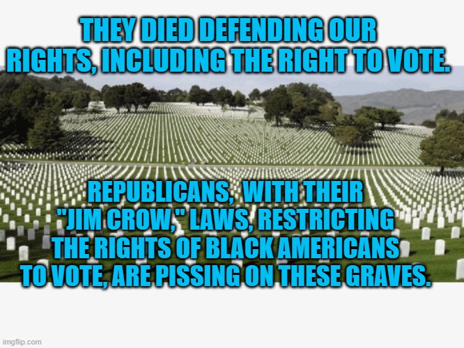 Republicans, The Official Party of Jim Crow In The 21st Century. | THEY DIED DEFENDING OUR RIGHTS, INCLUDING THE RIGHT TO VOTE. REPUBLICANS,  WITH THEIR "JIM CROW," LAWS, RESTRICTING THE RIGHTS OF BLACK AMERICANS TO VOTE, ARE PISSING ON THESE GRAVES. | image tagged in politics | made w/ Imgflip meme maker