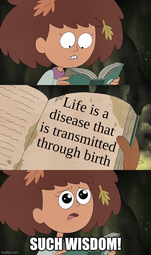 mhm. | Life is a disease that is transmitted through birth; SUCH WISDOM! | image tagged in memes,funny,books,enlightenment,life | made w/ Imgflip meme maker