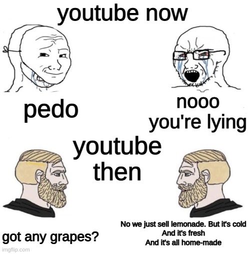 and he waddled away | youtube now; nooo you're lying; pedo; youtube then; No we just sell lemonade. But it's cold
And it's fresh
And it's all home-made; got any grapes? | image tagged in chad we know | made w/ Imgflip meme maker
