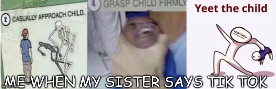 Casually Approach Child, Grasp Child Firmly, Yeet the Child | ME WHEN MY SISTER SAYS TIK TOK | image tagged in casually approach child grasp child firmly yeet the child | made w/ Imgflip meme maker