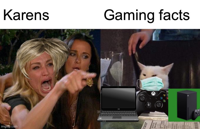 Woman Yelling At Cat | Karens; Gaming facts | image tagged in memes,woman yelling at cat | made w/ Imgflip meme maker