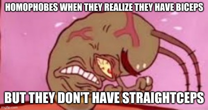 Image Title | HOMOPHOBES WHEN THEY REALIZE THEY HAVE BICEPS; BUT THEY DON'T HAVE STRAIGHTCEPS | image tagged in visible frustration | made w/ Imgflip meme maker