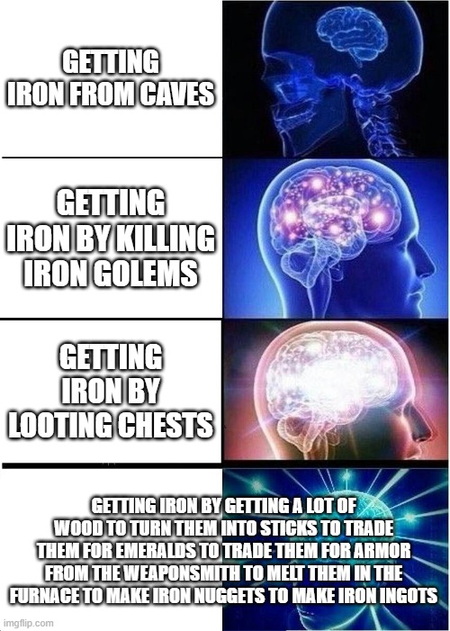 the many ways to get iron | GETTING IRON FROM CAVES; GETTING IRON BY KILLING IRON GOLEMS; GETTING IRON BY LOOTING CHESTS; GETTING IRON BY GETTING A LOT OF WOOD TO TURN THEM INTO STICKS TO TRADE THEM FOR EMERALDS TO TRADE THEM FOR ARMOR FROM THE WEAPONSMITH TO MELT THEM IN THE FURNACE TO MAKE IRON NUGGETS TO MAKE IRON INGOTS | image tagged in memes,expanding brain | made w/ Imgflip meme maker