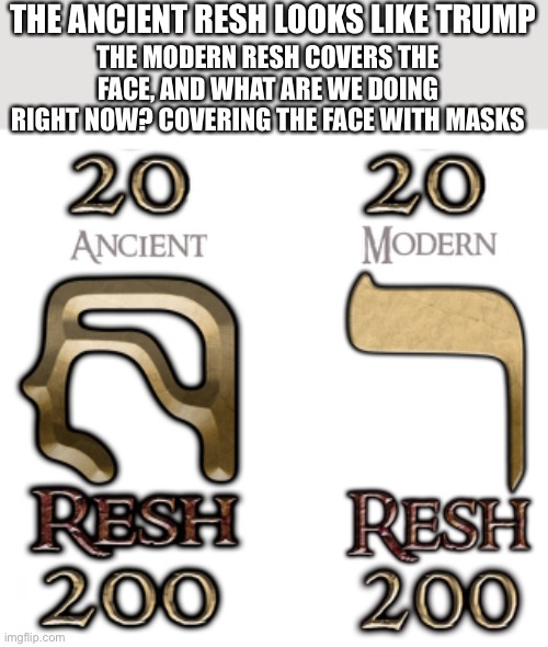 THE ANCIENT RESH LOOKS LIKE TRUMP THE MODERN RESH COVERS THE FACE, AND WHAT ARE WE DOING RIGHT NOW? COVERING THE FACE WITH MASKS | made w/ Imgflip meme maker