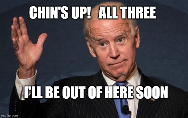 Biden's chin goes wild | CHIN'S UP!   ALL THREE; I'LL BE OUT OF HERE SOON | image tagged in biden s chin,biden,loser | made w/ Imgflip meme maker