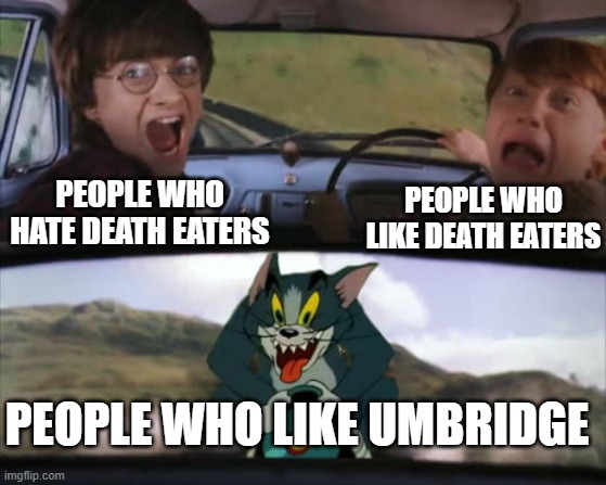 Harry Potter Train | PEOPLE WHO LIKE DEATH EATERS; PEOPLE WHO HATE DEATH EATERS; PEOPLE WHO LIKE UMBRIDGE | image tagged in harry potter train | made w/ Imgflip meme maker