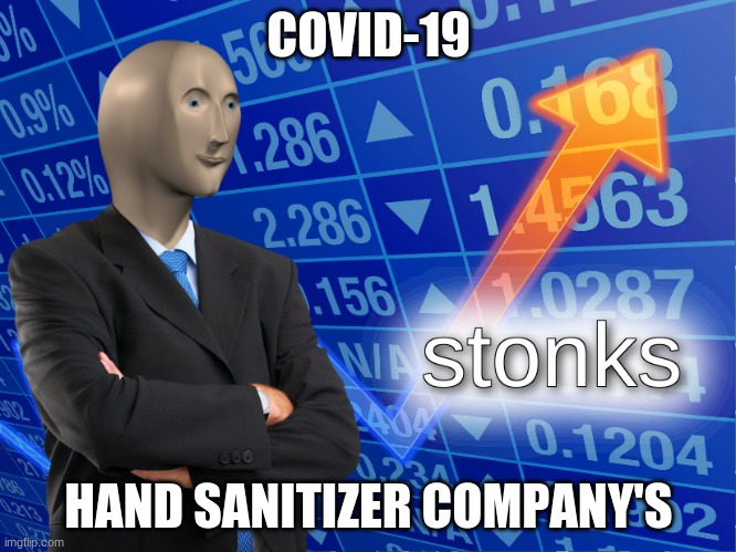 stonks | COVID-19; HAND SANITIZER COMPANY'S | image tagged in stonks | made w/ Imgflip meme maker