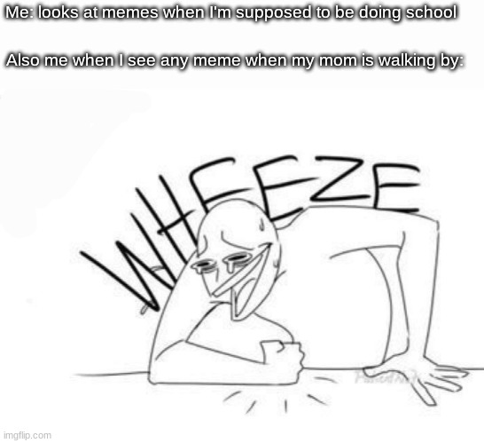 Wheeze | Me: looks at memes when I'm supposed to be doing school; Also me when I see any meme when my mom is walking by: | image tagged in wheeze | made w/ Imgflip meme maker