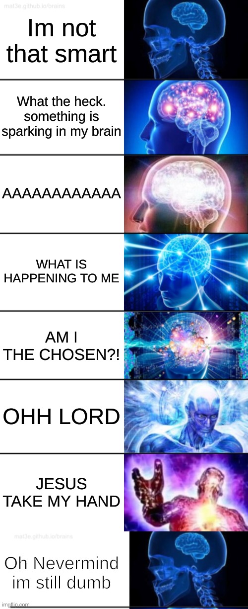 Im not that smart; What the heck. something is sparking in my brain; AAAAAAAAAAAA; WHAT IS HAPPENING TO ME; AM I THE CHOSEN?! OHH LORD; JESUS TAKE MY HAND; Oh Nevermind im still dumb | image tagged in 7-tier expanding brain,change my mind,for real,funny,mind changed,memes | made w/ Imgflip meme maker