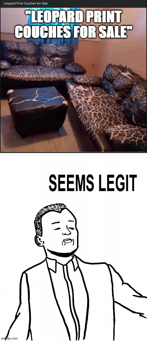 leopard print couches for sale | "LEOPARD PRINT COUCHES FOR SALE" | image tagged in couch,advertisement,ads,seems legit,wut,wot | made w/ Imgflip meme maker