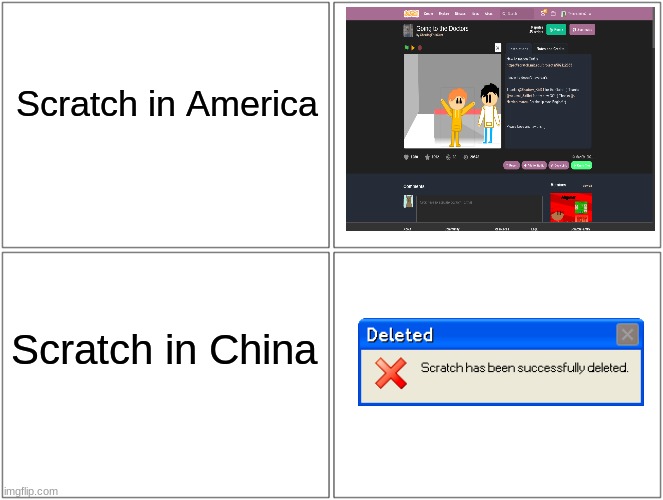 Scratch in different regions | Scratch in America; Scratch in China | image tagged in memes,blank comic panel 2x2 | made w/ Imgflip meme maker