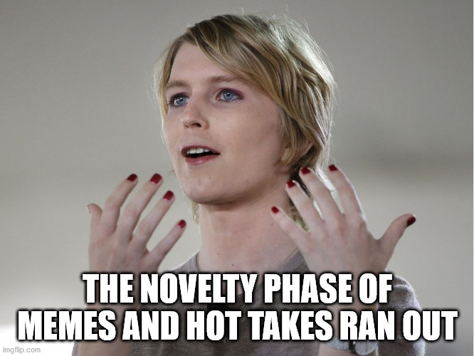 chelsea manning tweets about meme novelty running out... | THE NOVELTY PHASE OF MEMES AND HOT TAKES RAN OUT | image tagged in chelsea manning | made w/ Imgflip meme maker