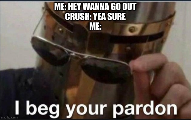 I beg your pardon | ME: HEY WANNA GO OUT
CRUSH: YEA SURE

ME: | image tagged in i beg your pardon | made w/ Imgflip meme maker