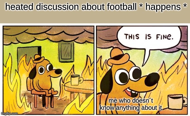 This is true tho | heated discussion about football * happens *; me who doesn´t know anything about it | image tagged in memes,this is fine | made w/ Imgflip meme maker