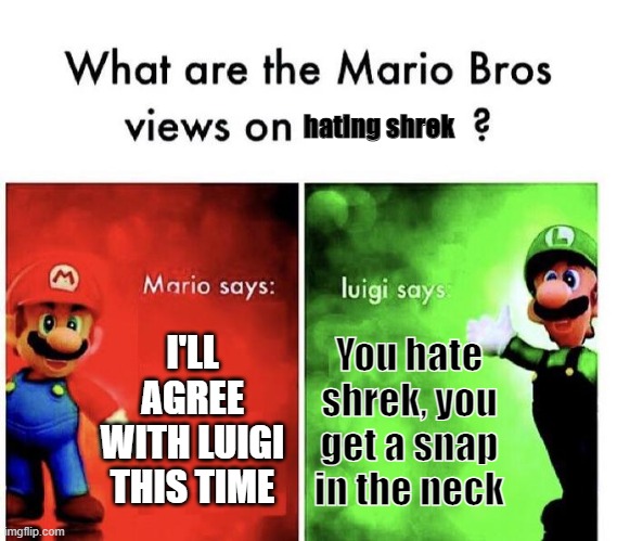 Mario Bros Views | hating shrek; I'LL AGREE WITH LUIGI THIS TIME; You hate shrek, you get a snap in the neck | image tagged in mario bros views | made w/ Imgflip meme maker