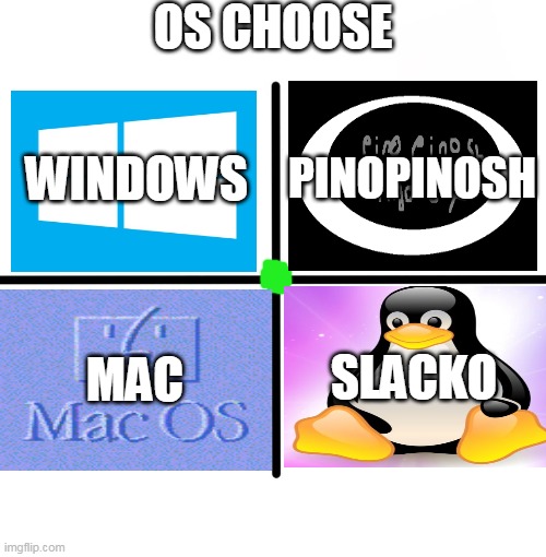 OS routelle | OS CHOOSE; PINOPINOSH; WINDOWS; MAC; SLACKO | image tagged in memes,blank starter pack | made w/ Imgflip meme maker