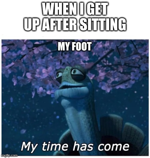 My time has come | WHEN I GET UP AFTER SITTING; MY FOOT | image tagged in my time has come | made w/ Imgflip meme maker