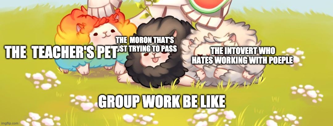 soo trure | THE INTOVERT WHO HATES WORKING WITH POEPLE; THE  MORON THAT'S JUST TRYING TO PASS; THE  TEACHER'S PET; GROUP WORK BE LIKE | image tagged in school meme | made w/ Imgflip meme maker