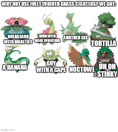 fully evolved grass starters be like | WHY NOT USE FULLY EVOLVED GRASS STARTERS? WE GOT:; BULBASAUR WITH DIABETIES; NIUM WITH MEGA EVOLUTION; ANOTHER GEX; TORTILLA; GUY WITH A CAPE; NOCTOWL; A BANANA; UH OH STINKY | image tagged in blank white template,memes,funny,pokemon | made w/ Imgflip meme maker