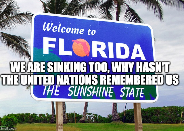 Florida | WE ARE SINKING TOO, WHY HASN'T THE UNITED NATIONS REMEMBERED US | image tagged in florida | made w/ Imgflip meme maker