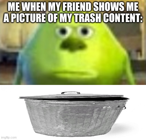 My Trash Content | ME WHEN MY FRIEND SHOWS ME A PICTURE OF MY TRASH CONTENT: | image tagged in trash,content | made w/ Imgflip meme maker
