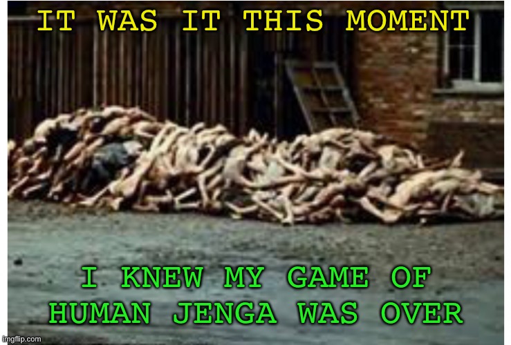 Too dark ?? | IT WAS IT THIS MOMENT; I KNEW MY GAME OF HUMAN JENGA WAS OVER | image tagged in holocaust,corpse party,nazis,concentration camp,jenga,dark humour | made w/ Imgflip meme maker