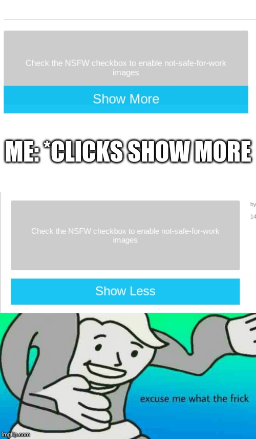 ME: *CLICKS SHOW MORE | image tagged in excuse me what the frick,wth,wtf | made w/ Imgflip meme maker