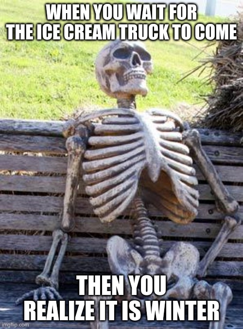 Waiting Skeleton | WHEN YOU WAIT FOR THE ICE CREAM TRUCK TO COME; THEN YOU REALIZE IT IS WINTER | image tagged in memes,waiting skeleton | made w/ Imgflip meme maker