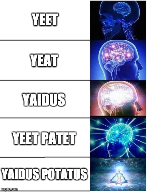 its yaidus potatus | YEET; YEAT; YAIDUS; YEET PATET; YAIDUS POTATUS | image tagged in expanding brain 5 panel,yeet | made w/ Imgflip meme maker