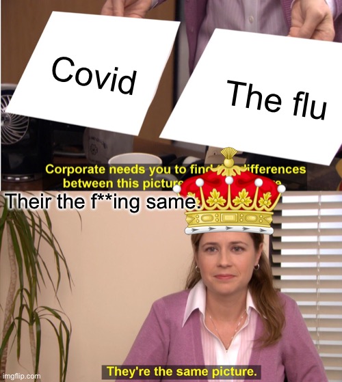 They're The Same Picture Meme | Covid; The flu; Their the f**ing same. | image tagged in memes,they're the same picture | made w/ Imgflip meme maker
